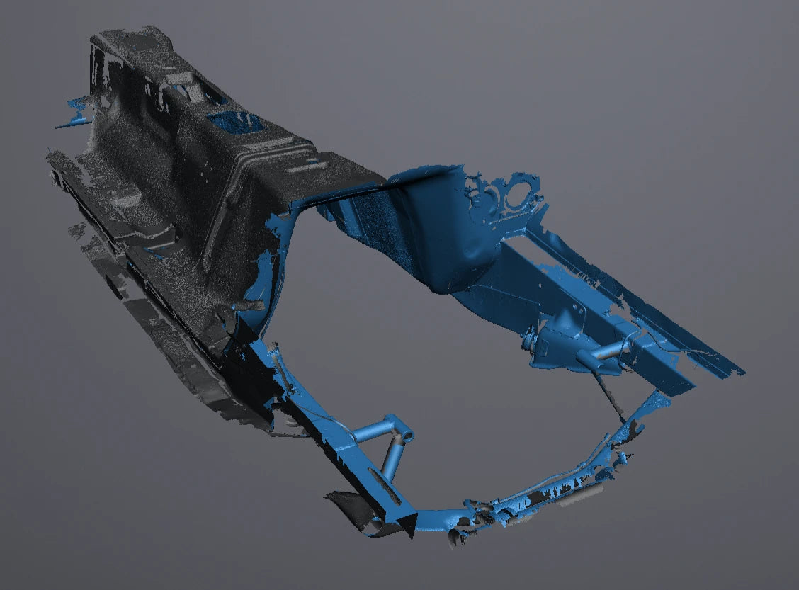 Datsun 280Z underside 3D scan: lower engine bay and transmission tunnel