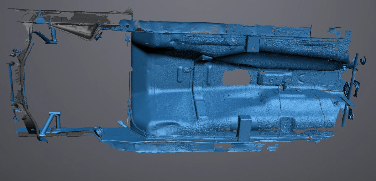 Datsun 280Z underside 3D scan: lower engine bay and transmission tunnel