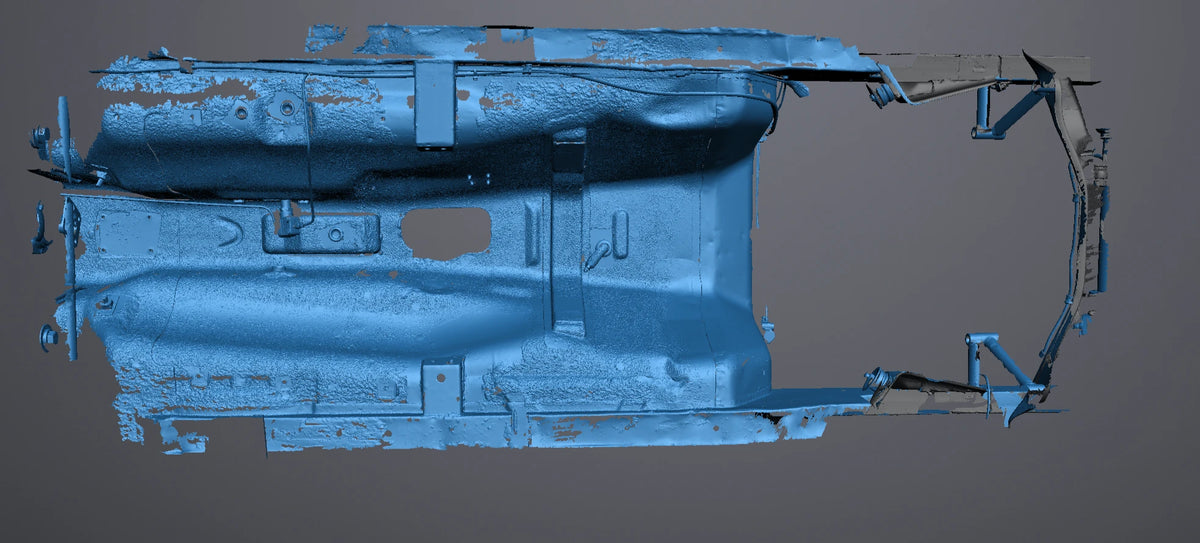 Datsun 280Z underside 3D scan: lower engine bay and transmission tunnel