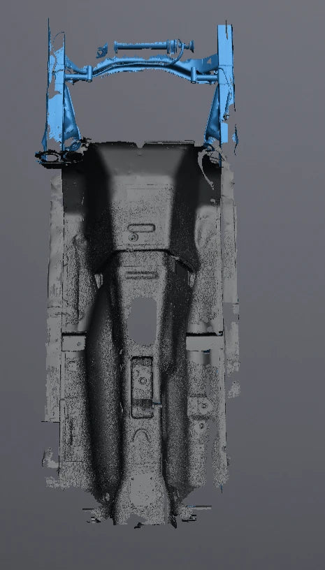 Datsun 280Z underside 3D scan: lower engine bay and transmission tunnel